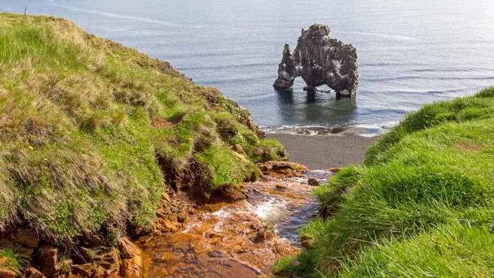 Chemin vers la plage du rocher Hvitserkur en Islande